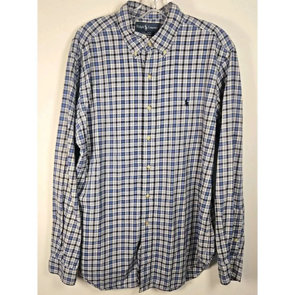 Ralph Lauren Button Down Shirt Adult L Classic Fit Blue Plaid Mens Pony